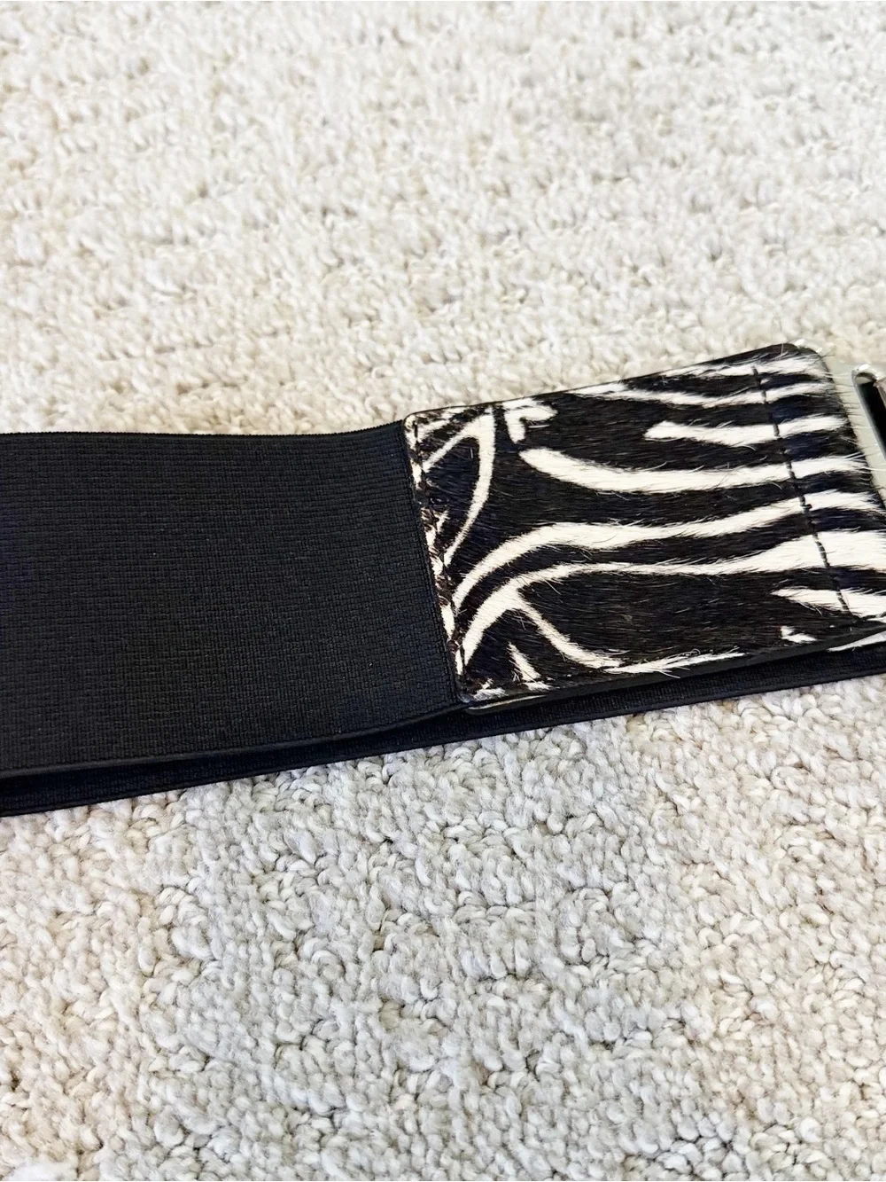 Zebra Print Calf Hair Leather Wide Stretch Statement Belt Size L Silver Buckle